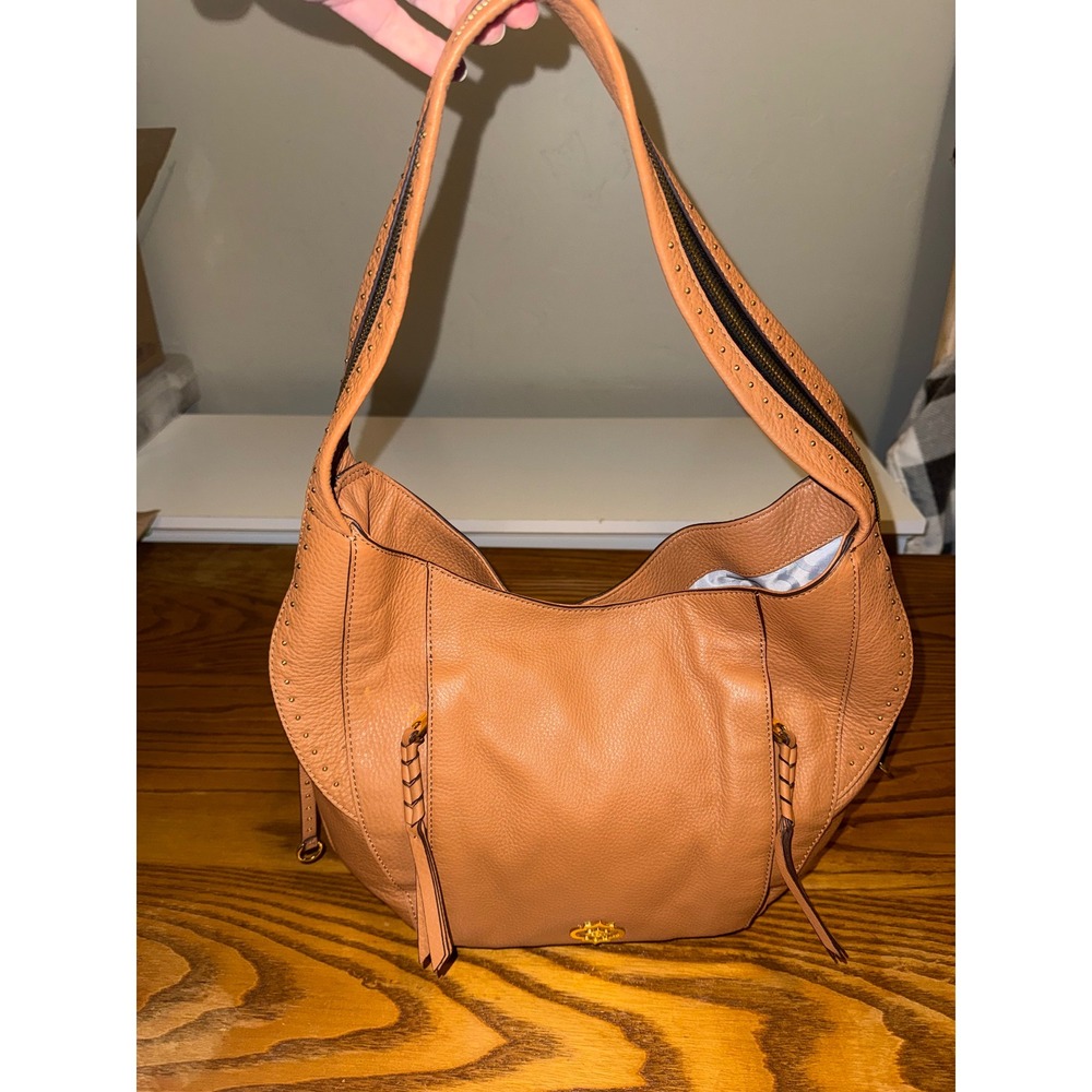 Oryany Tan Pebbled Leather Studded Hobo Shoulder Bag Gold Hardware - Picture 2 of 14